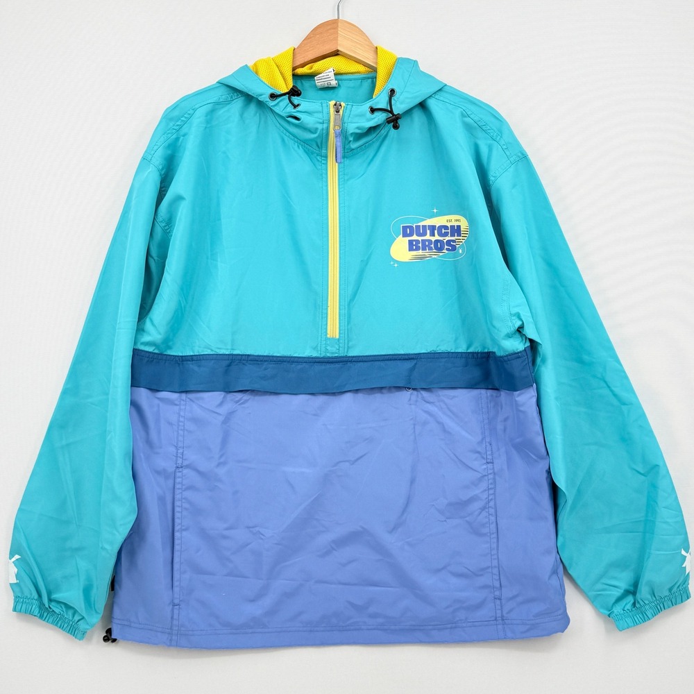 Dutch Bros Coffee Windbreaker Women Large Blue Teal Half Zip Retro PNW Jacket